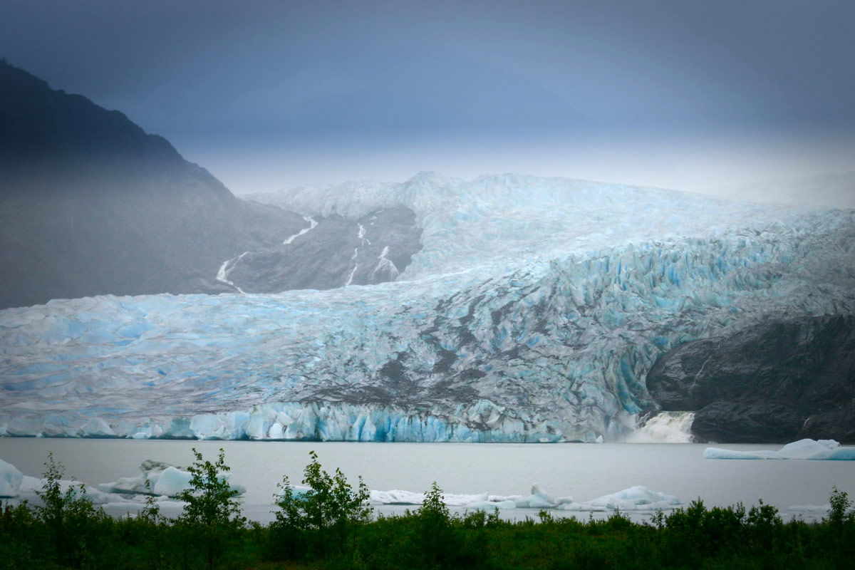 Mendenhall Glacier as viewed from the visitor center viewing platform in Juneau.