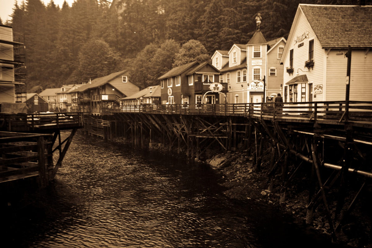 View of boardwalk and stores on Creek Street in downtown Ketchikan.