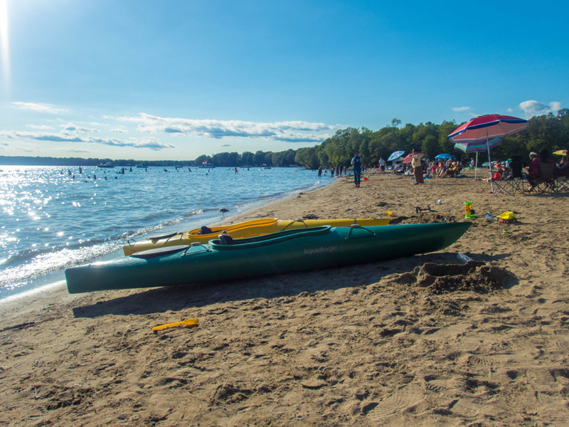 Kayak on the beach of Mara Provincial Park in Ontario experienced while camping in