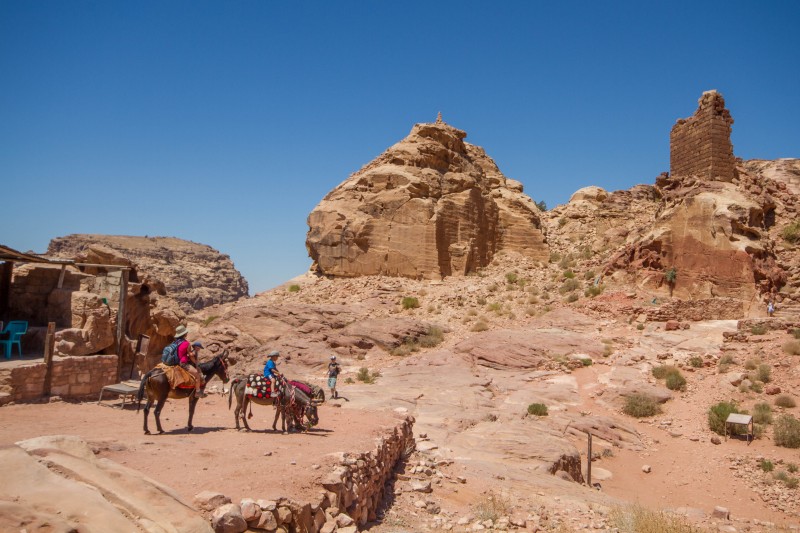 View from the trail on the way down by horseback from the High Place of Sacrifice in Petra, Jordan.