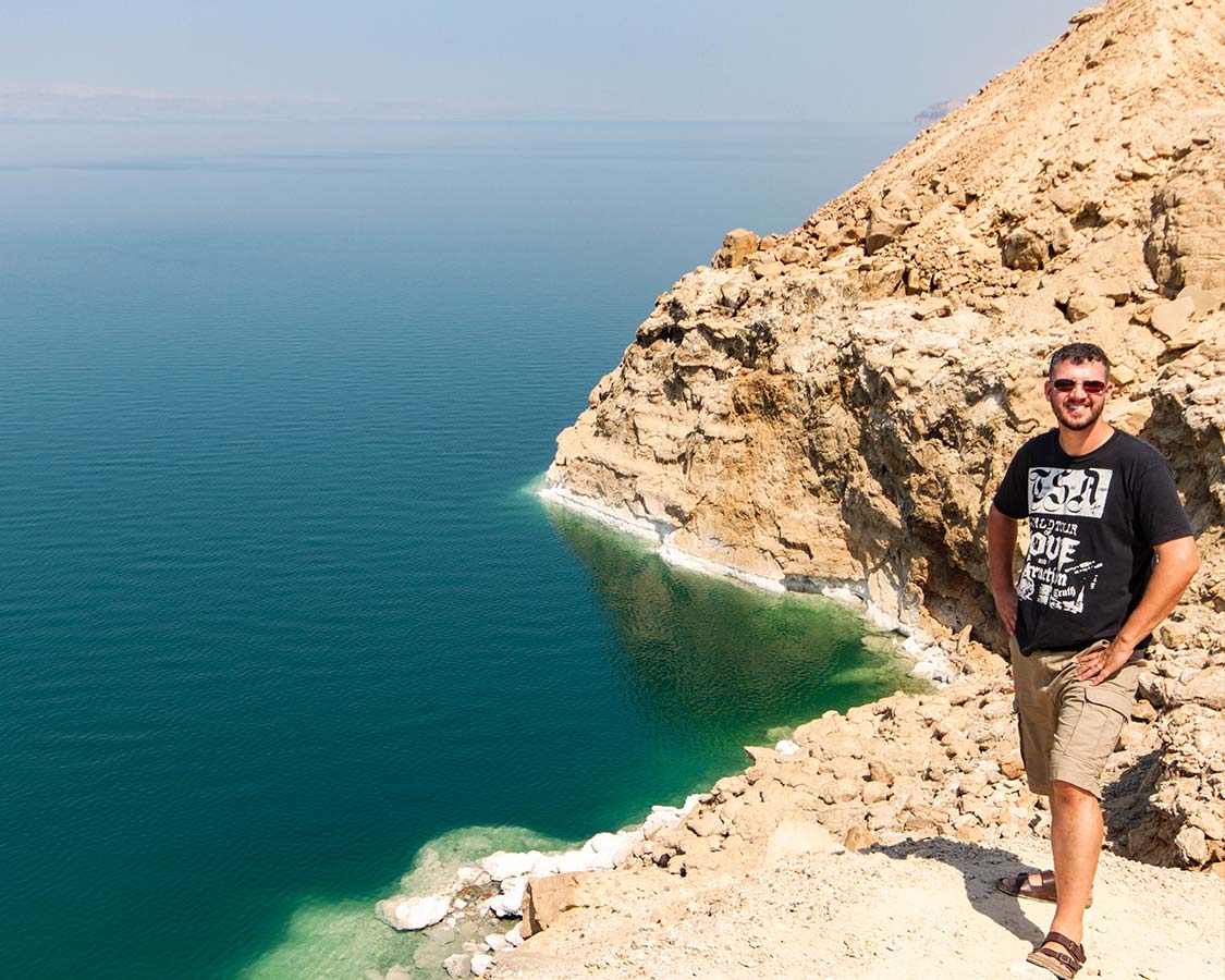 Kevin Wagar stands on the coast of the Dead Sea in Jordan