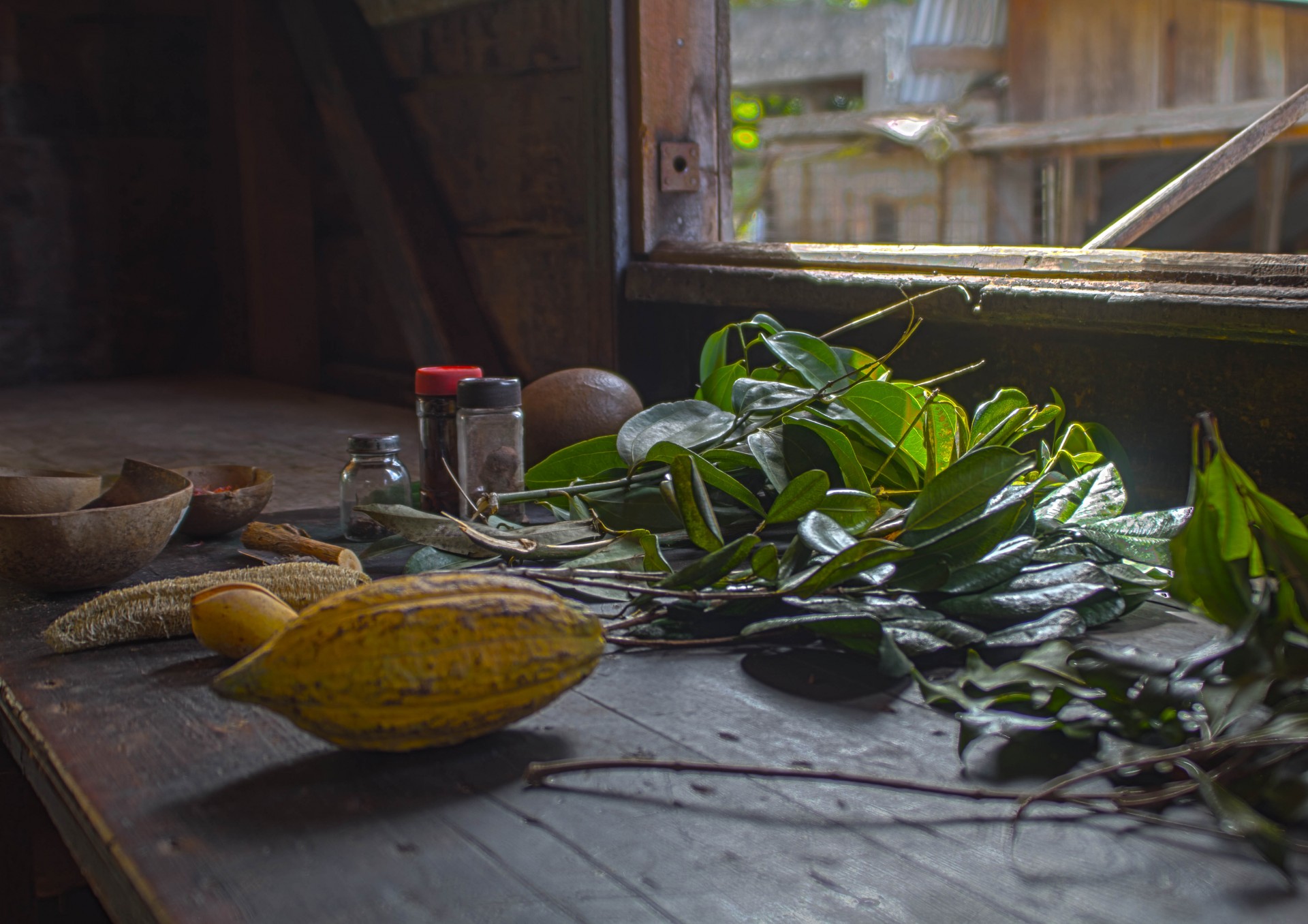 Spices cocoa and herbs on a wooden table in Grenada