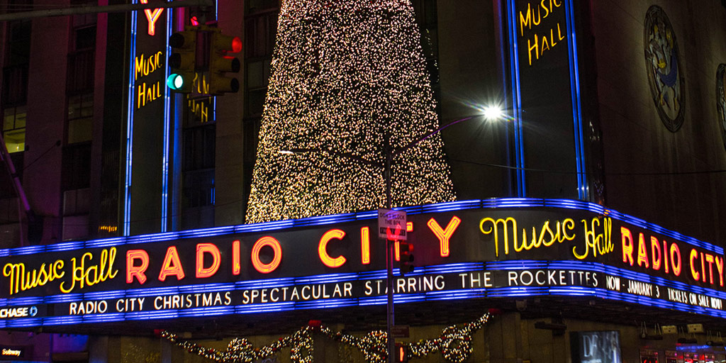 Radio City in Manhattan is lit up with Christmas lights