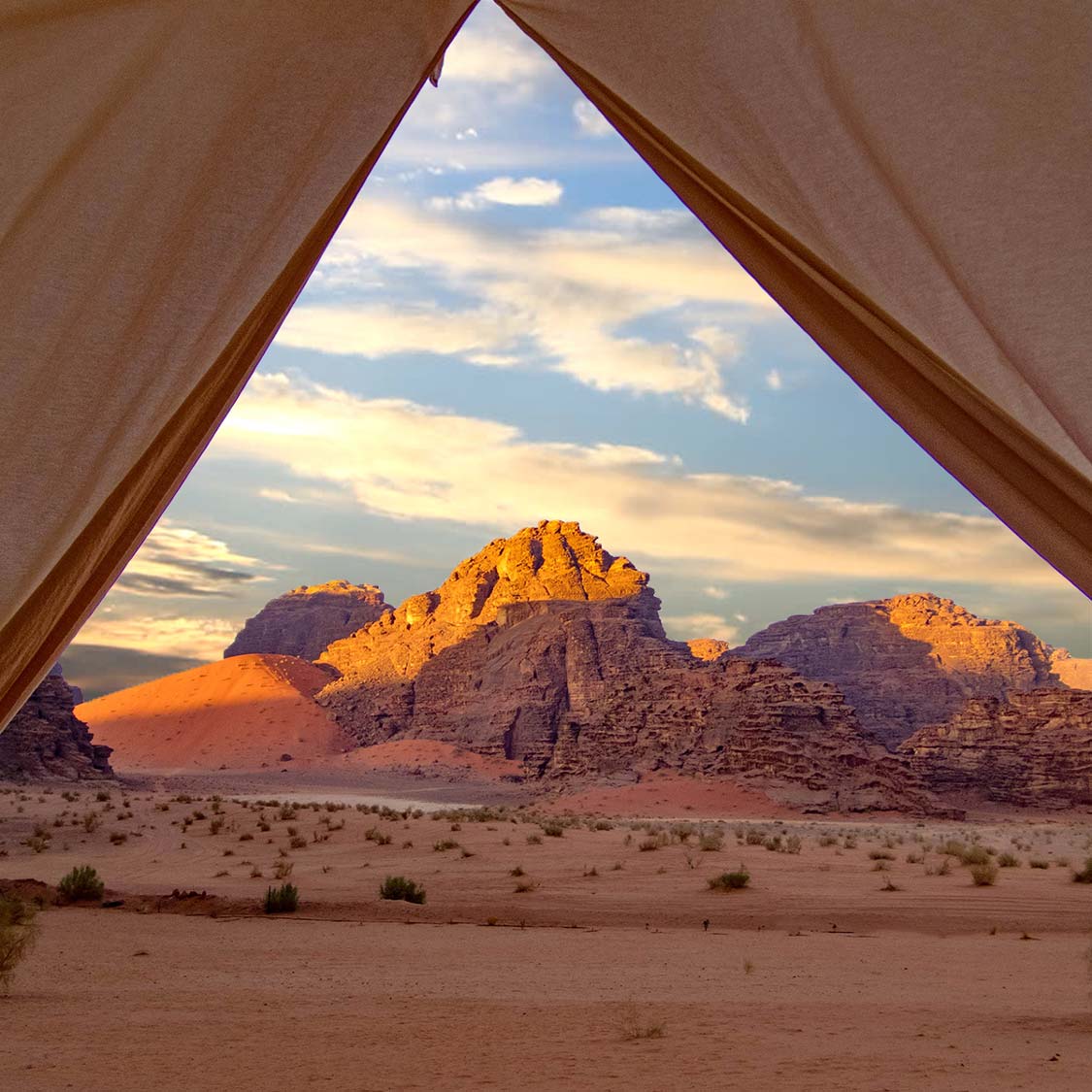 Mountains seen through the entrance to a Bedouin tent in Jordan
