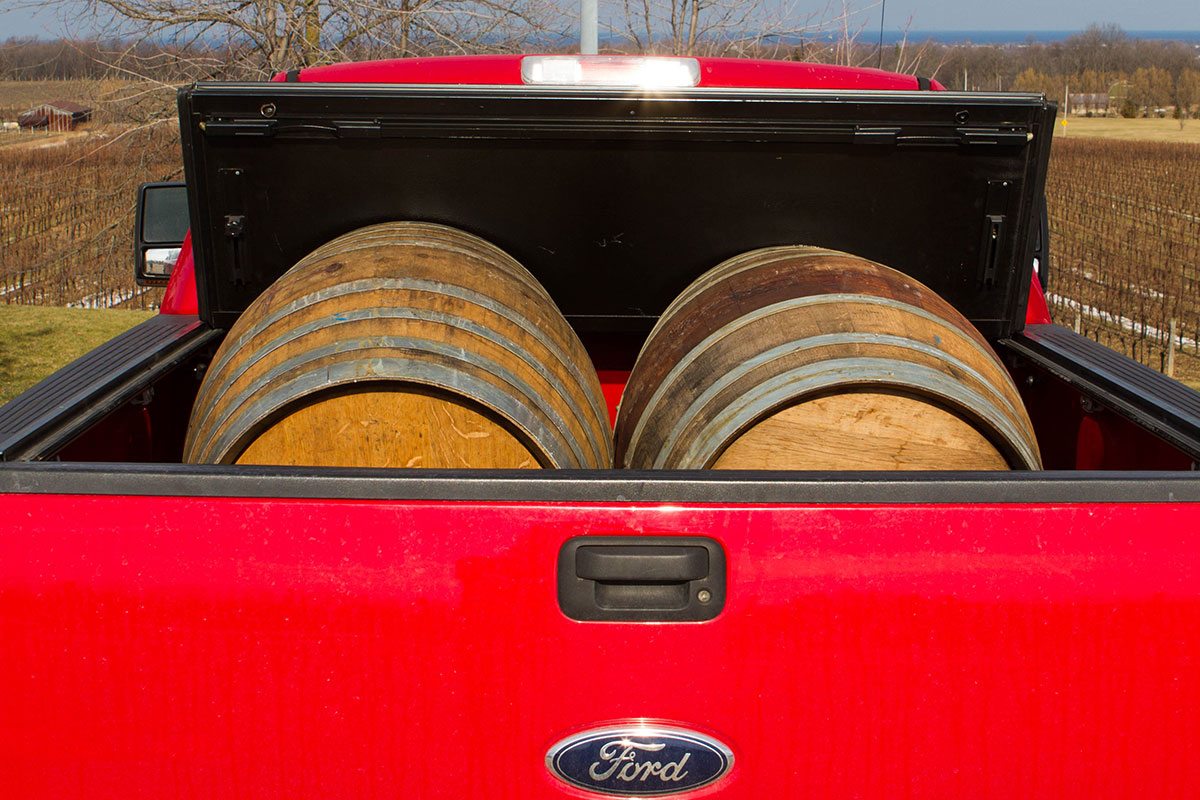Wine barrels in the back of a pickup truck during the Niagara Icewine Festival