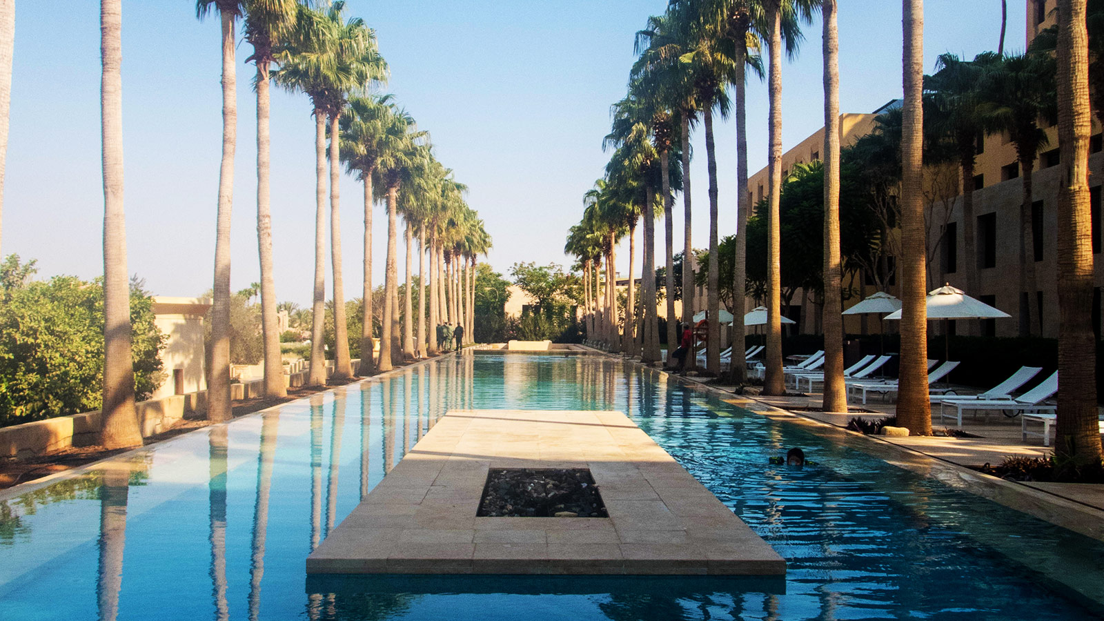 A long pool lined with tall palm tree's with a fire pit in the middle.