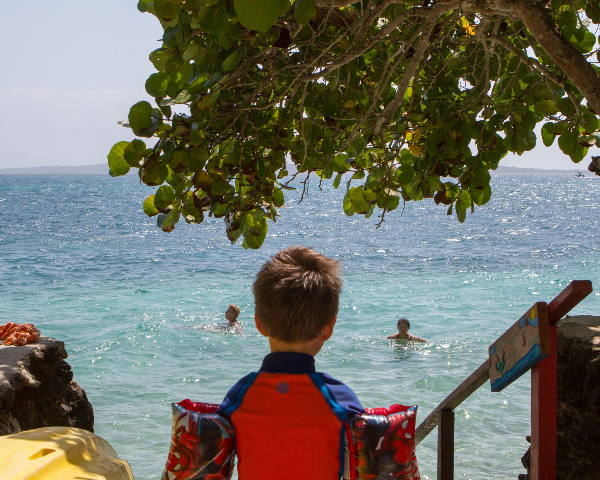 Young boy wearing water wings looking out over a tropical ocean