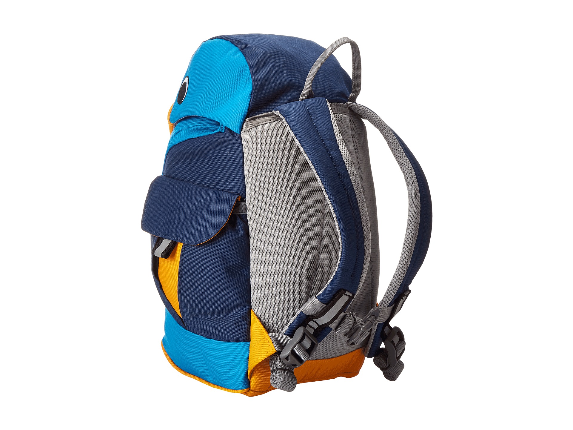 A blue children's backpack viewed from the back