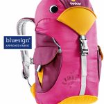 A pink children's backpack shaped like a bird