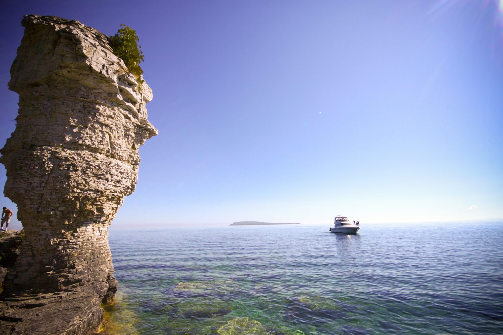 View of rock towers and lake surrounding Flowerpot Island.