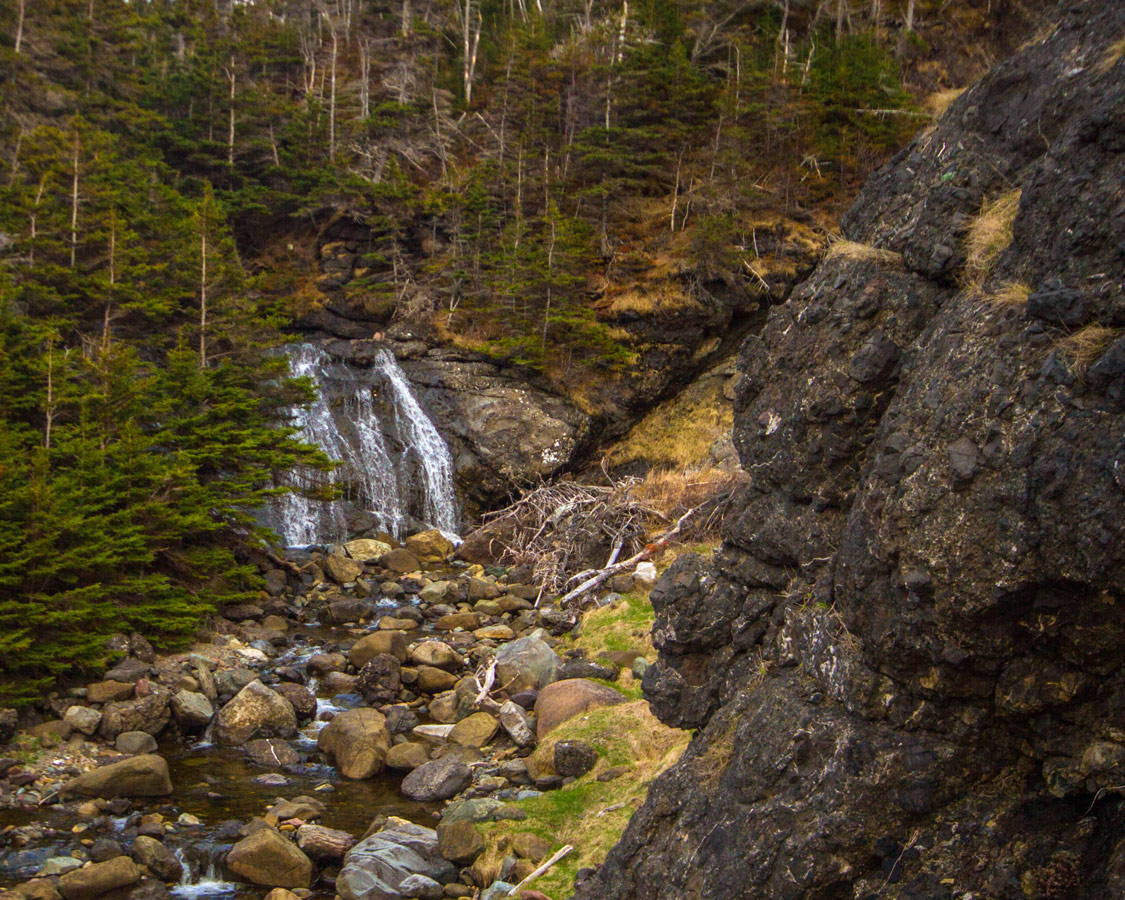 A waterfall pours from the forest and into a rocky stream in Gros Morne National Park - Hiking Green Gardens in Gros Morne National Park
