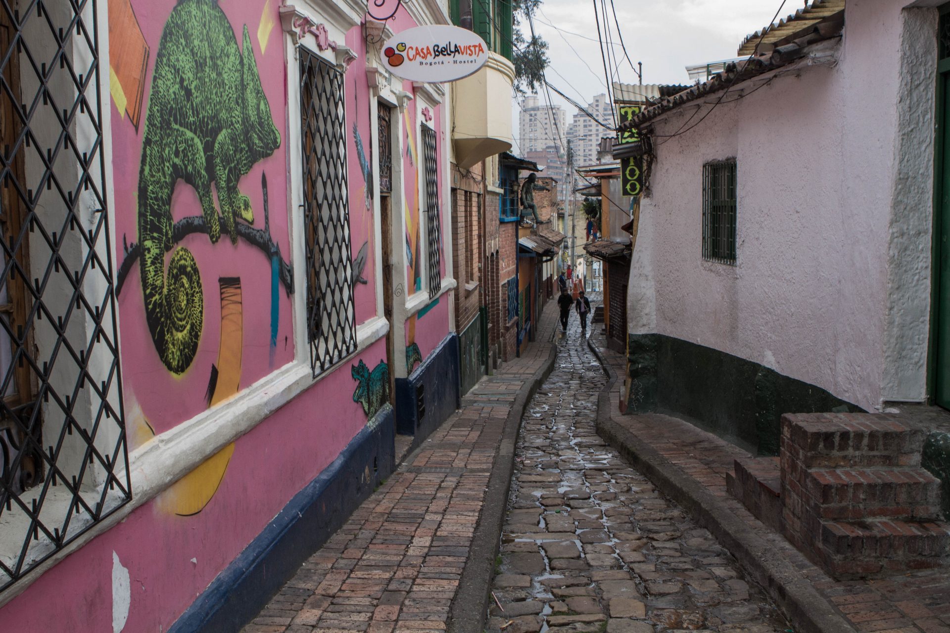 Picture of narrow cobblestone lined street with graffiti art lining one side of the street in La Candelaria.