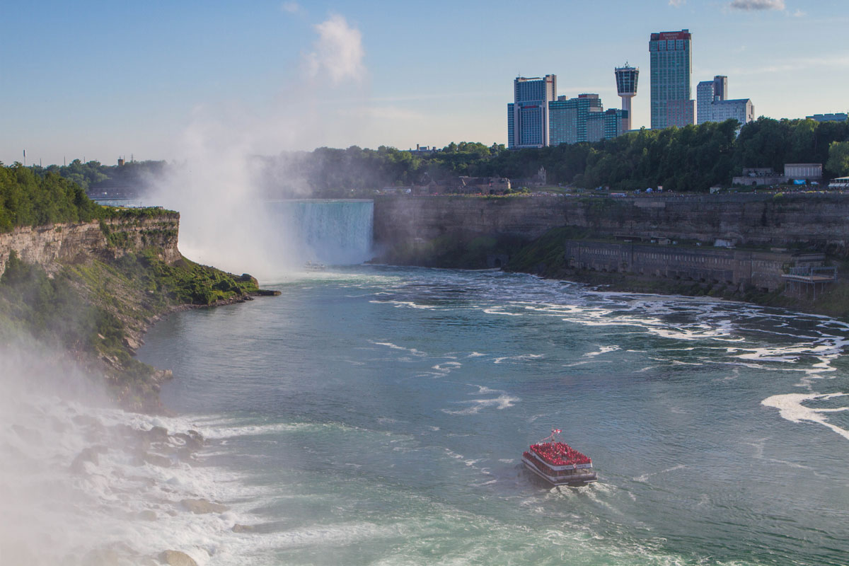 The Hornblower cruise heads towards the Horseshoe Falls in Niagara Falls - Exploring Niagara Falls
