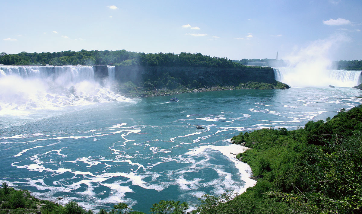 Niagara falls showing the Horseshoe Falls, Bridal Veil Falls and American Falls (right to left) - Exploring Niagara Falls