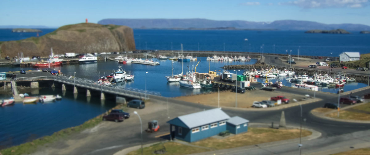 A small fishing town in Iceland with quaint buildings and fishing boats throughout a marina