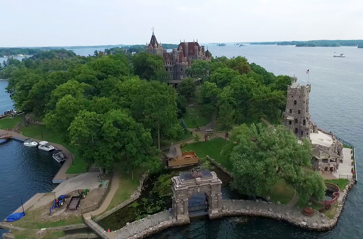 Overview of Heart Island which contains Boldt Castle, one of two castles in the Thousand Islands National Park.