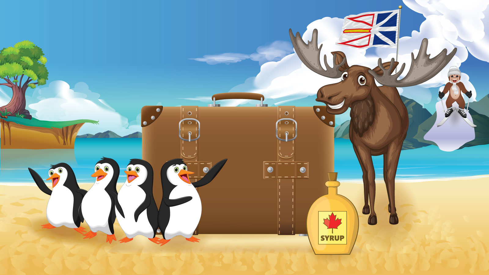 An illustration of a luggage on a beach with a bottle of maple syrup, penguins and moose smiling with a cliff in the background with a monkey skiing down a mountain