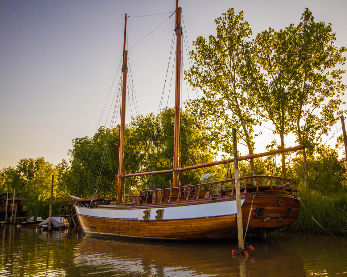 A pirate ship sits in the narrows of the delta Parana in Tigre.