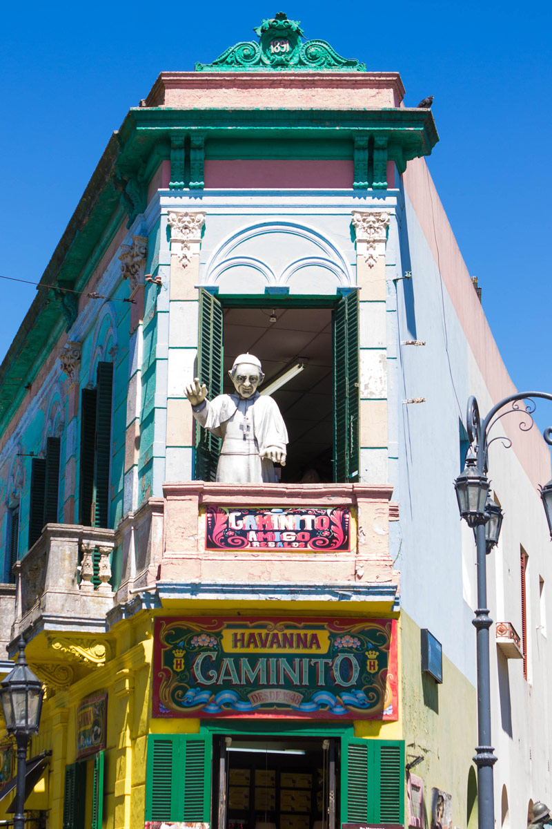 Statue of the Pope in a balcony at El Caminito in La Boca district.