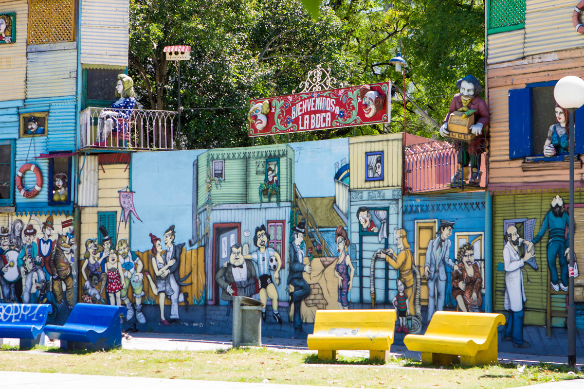 Colorful art welcomes peple at entrance of La Boca, one of our Buenos Aires highlights.