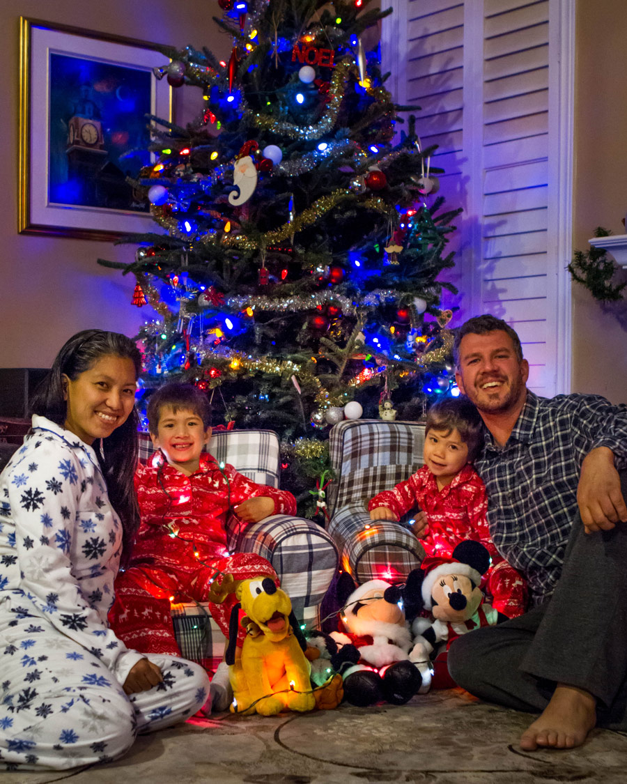 The Wandering Wagars pose in front of their Christmas tree as part of their 2016 - A Year in Travel post