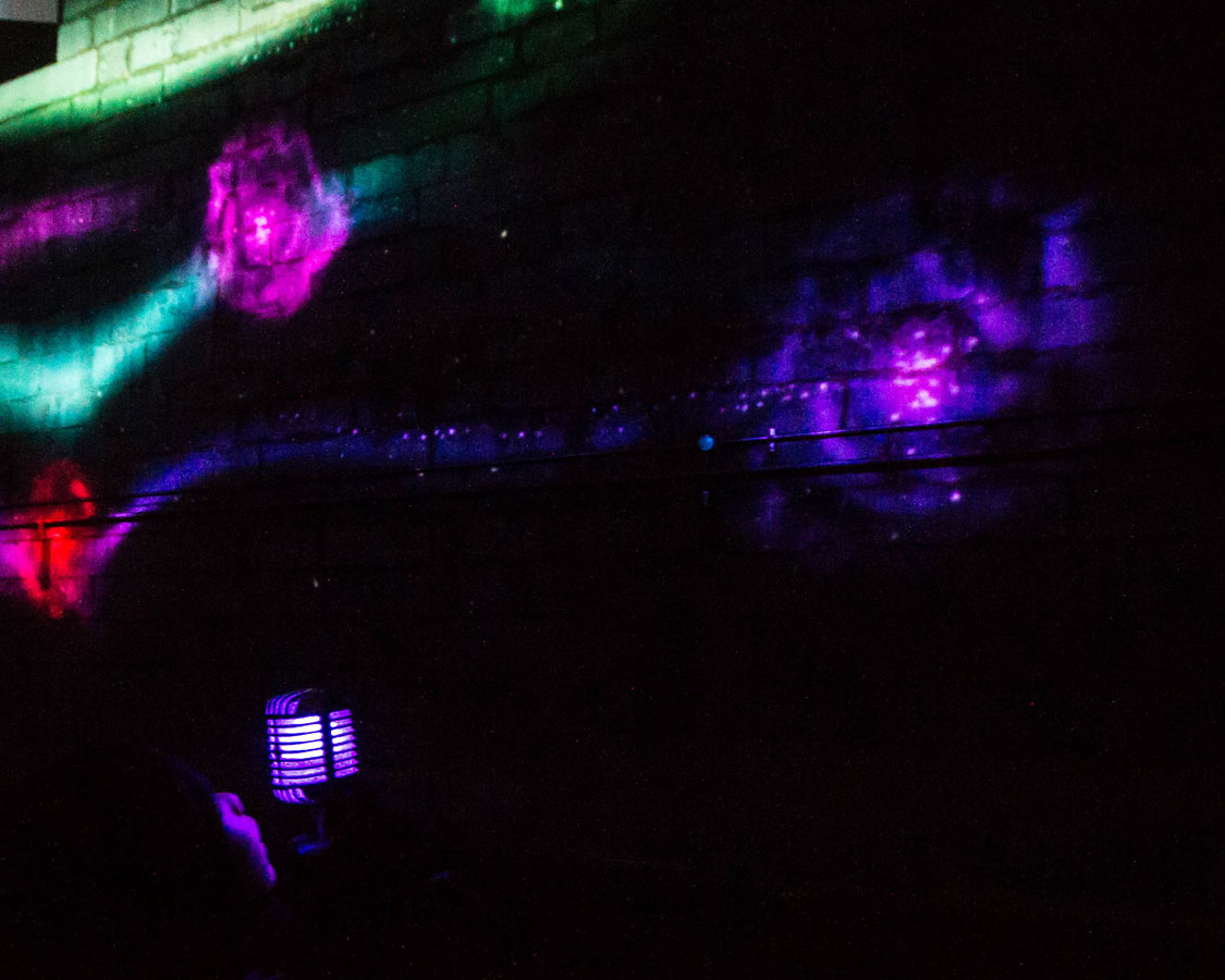 Boy sings into a microphone to make colors dance at Lumina Borealis.