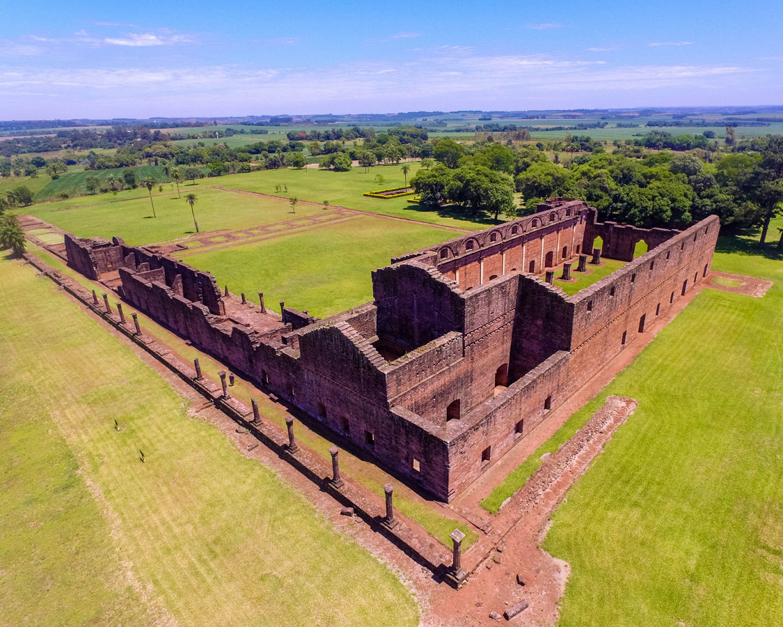 Drone aerial photo of the ruins of Jesuit missions in Paraguay. This one is the mission of Jesus de Tavarangue