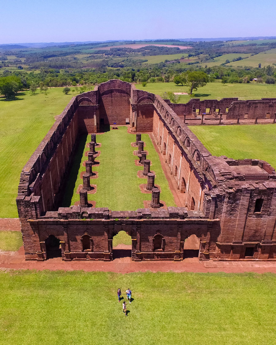 Aerial view showing the church and pillars of the Jesuit ruins of Jesus de Tavarrangue in Paraguay