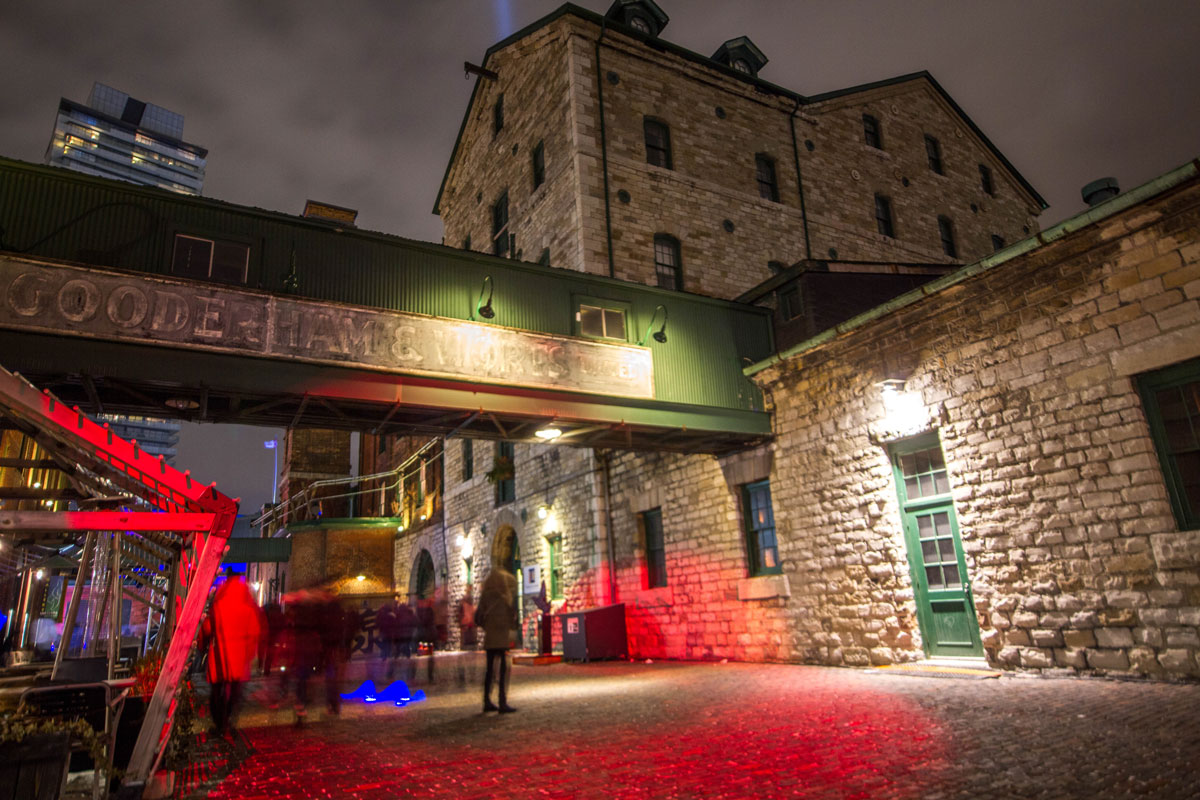 Gooderham and Worts sign in the Distillery District during the Toronto Lightfest