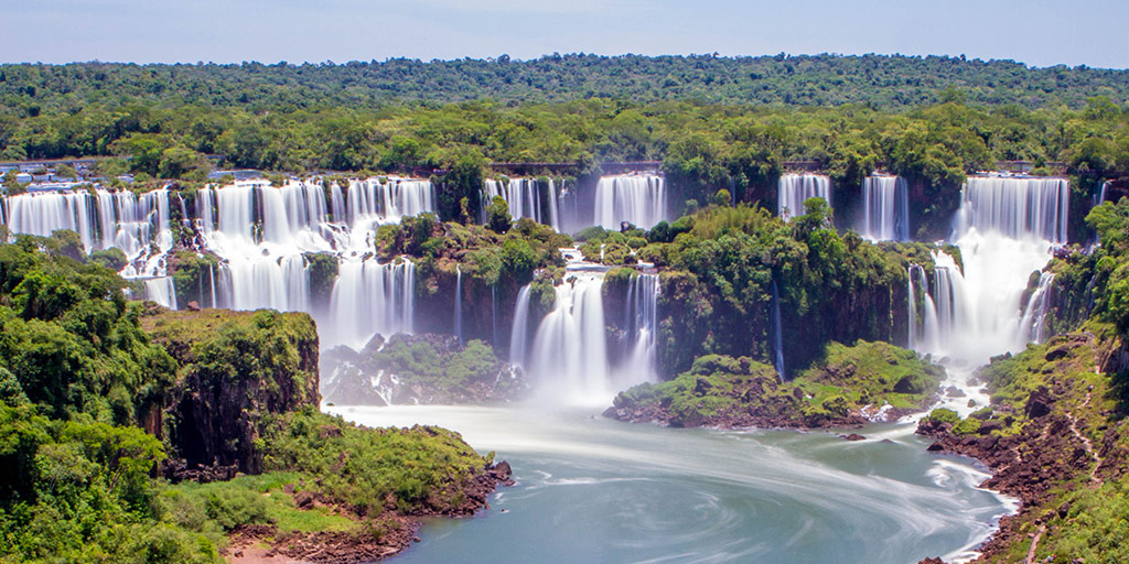 View of Iguazu Falls Brazil from the beginning of the Cataratas Trail.