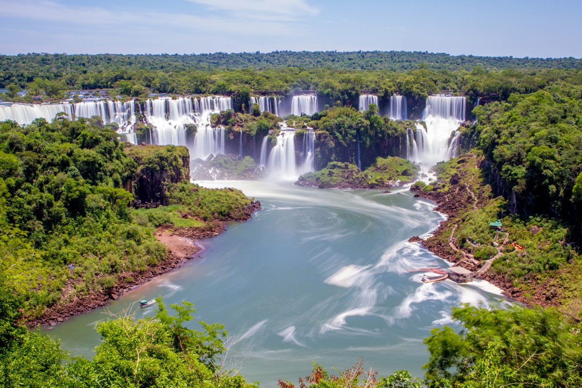 Panaroma of Iguazu Falls Brazil taken from the beginning of the Cataratas Trail.