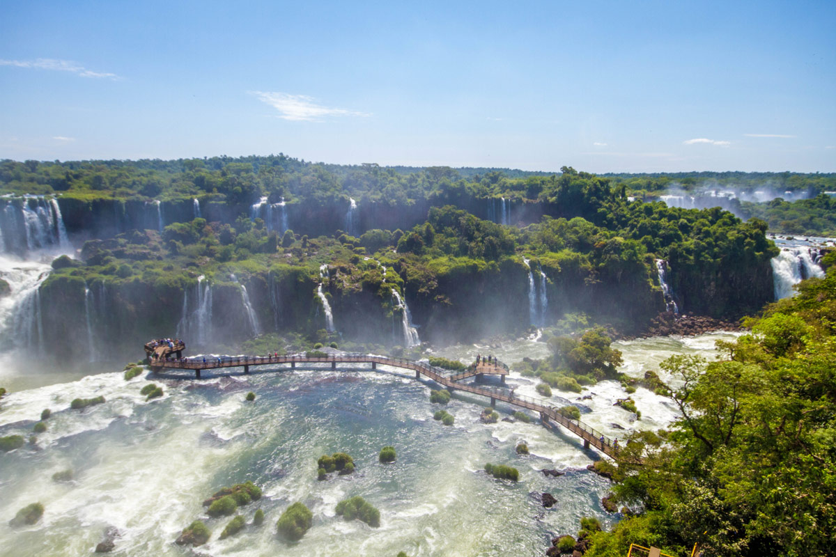 Overhead angle of the many viewpoints along the Cataratas Trail in Iguazu Falls.