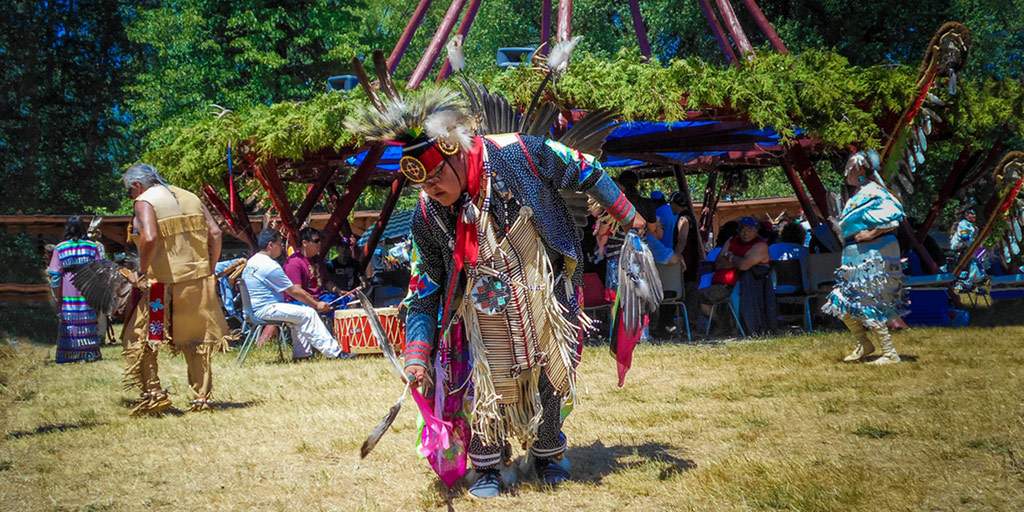A First Nations elder dances at a Native Pow Wow on Manitoulin Island
