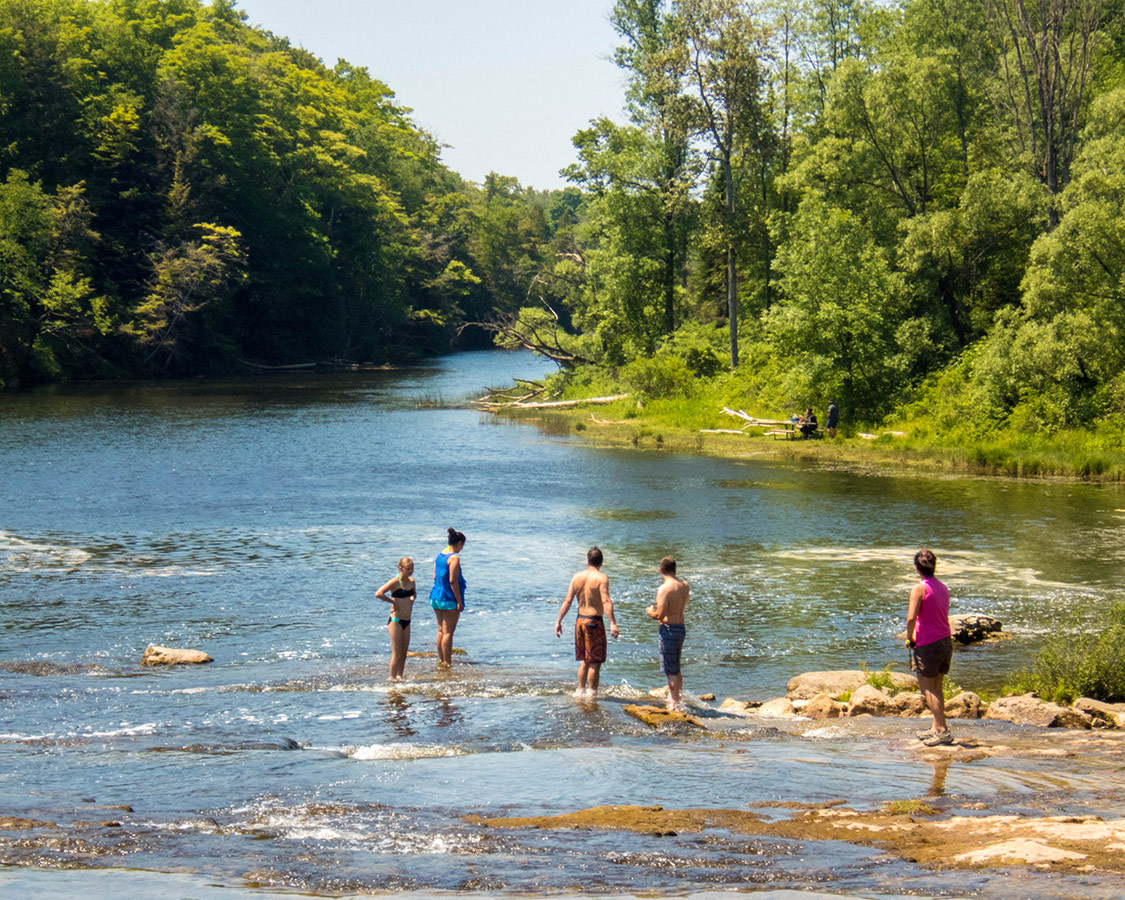 People getting ready to jump at Sauble Falls.