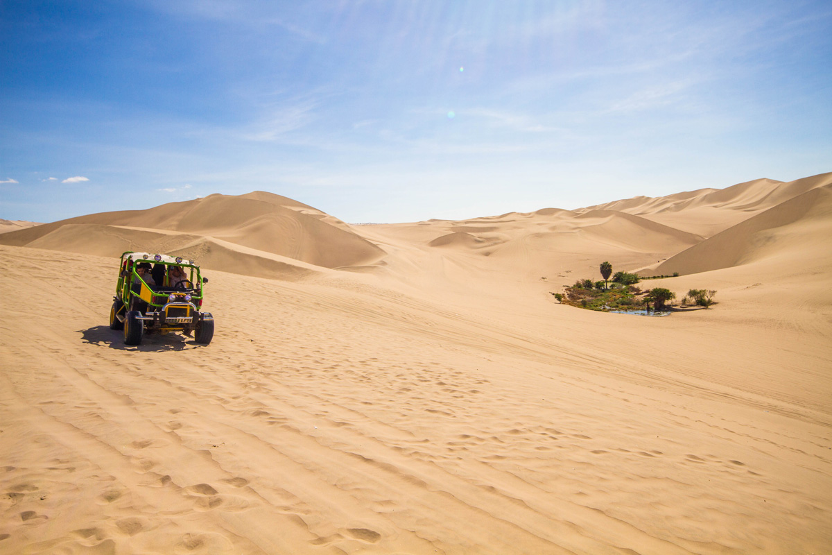 A dune buggy drives through the desert near an oasis as it's occupants prepare to go sandboarding in Peru wtih kids near Huacachina