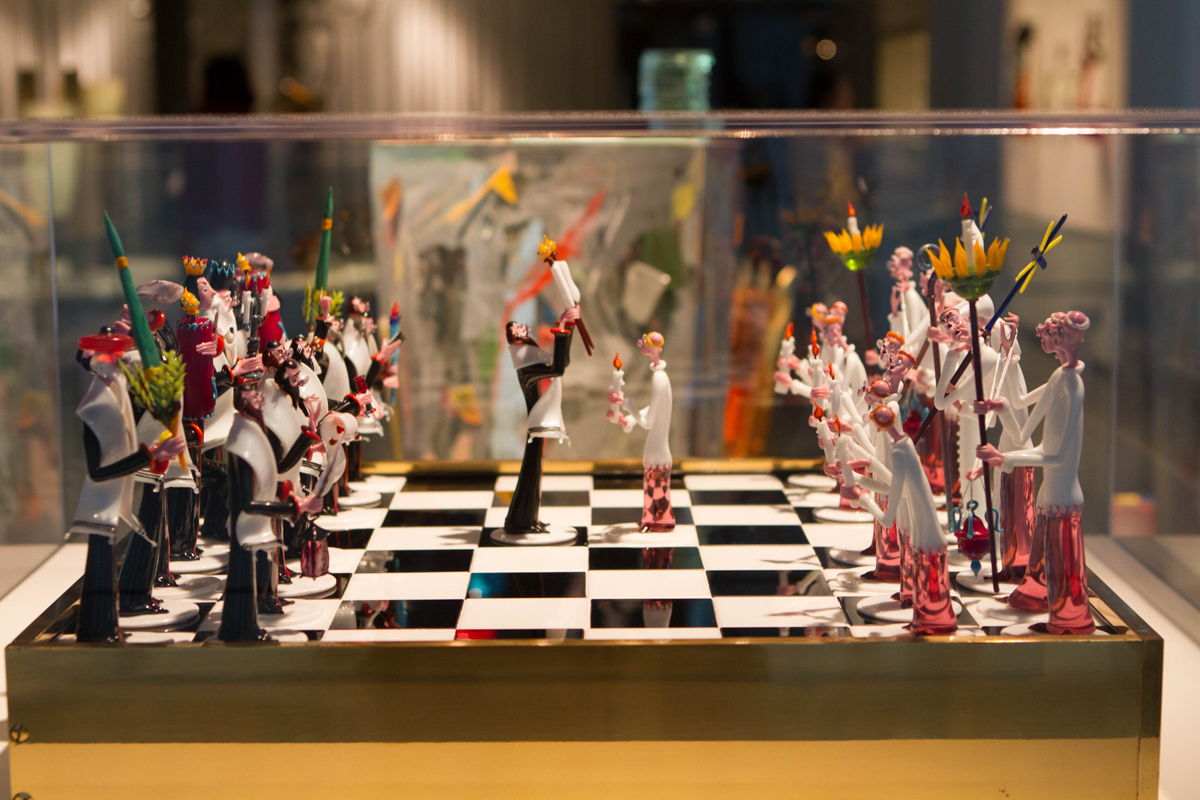 Intricate glass chess pieces at the Corning Museum of Glass in Corning, New York.
