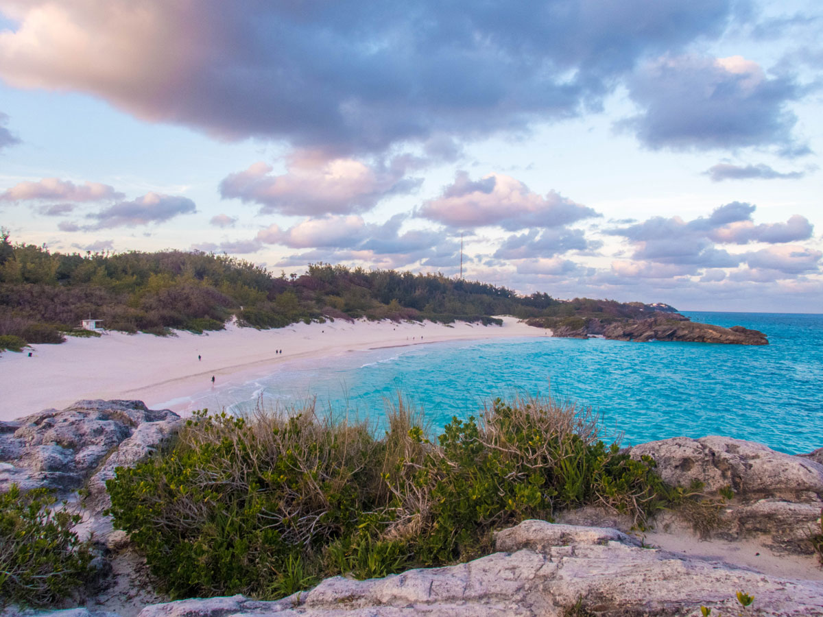 Horseshoe Bay Bermuda seen from the rocky outcrop a great place to see in Bermuda with kids