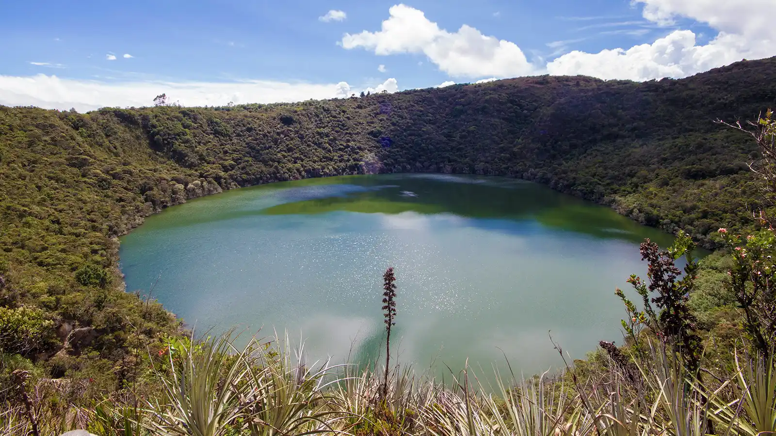 Lake Guatavita sparkles under a blue sky