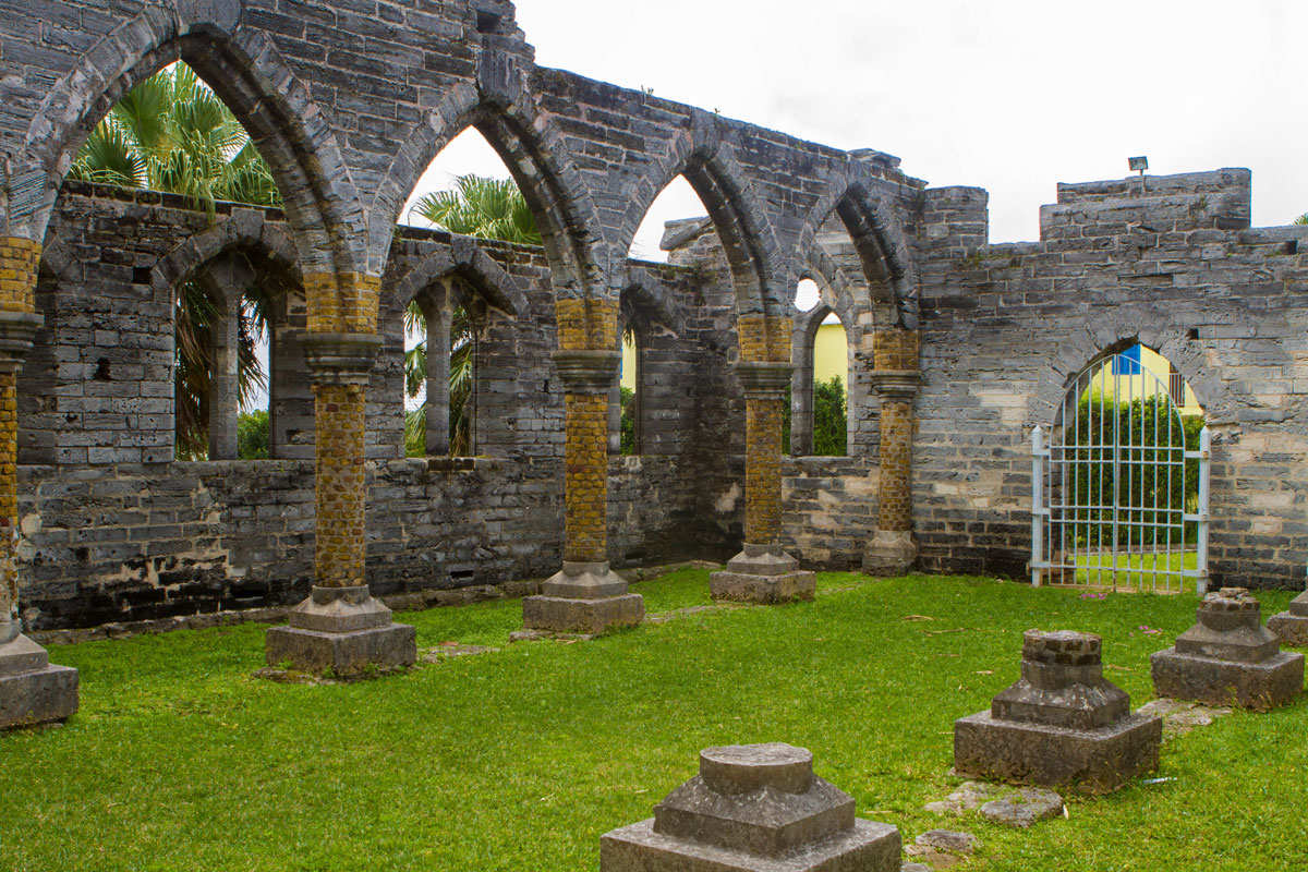 The interior walls of the unfinished church in St. Georges Bermuda is a great place to explore in Bermuda with kids