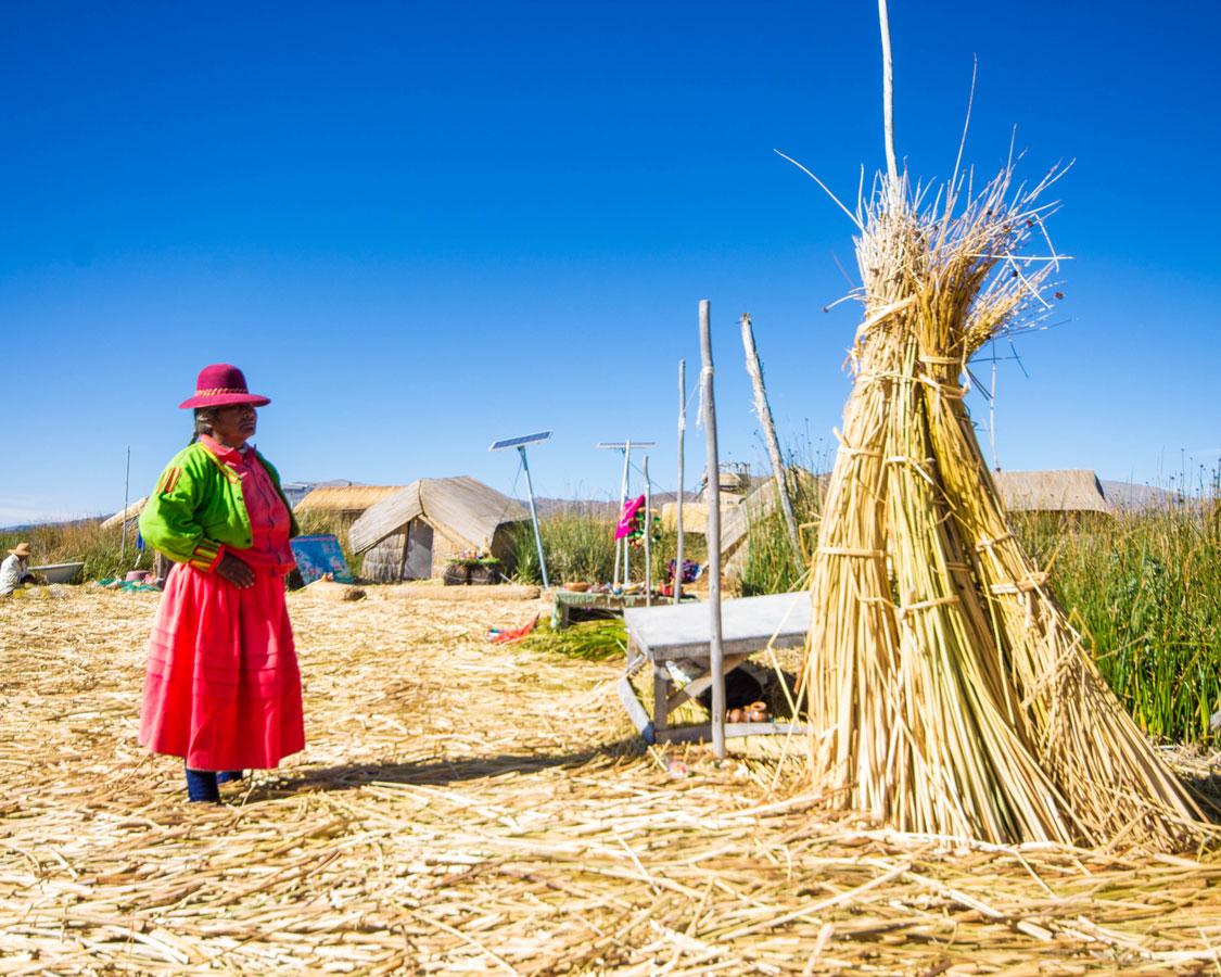 An Uros woman in bright clothing dries reeds on Isla de los Uros in Lake Titicaca Peru