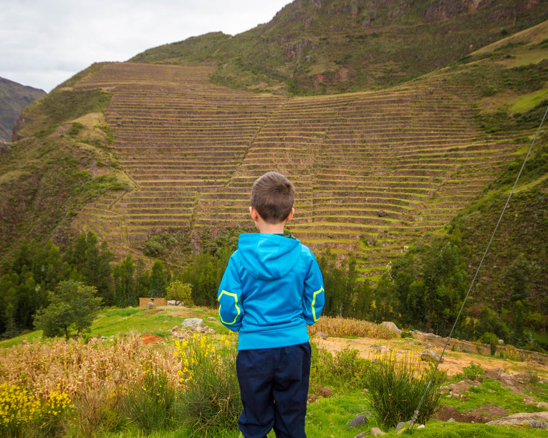 A young boy wearing a blue sweater looks out over agricultural terraces in the Sacred Valley of Peru