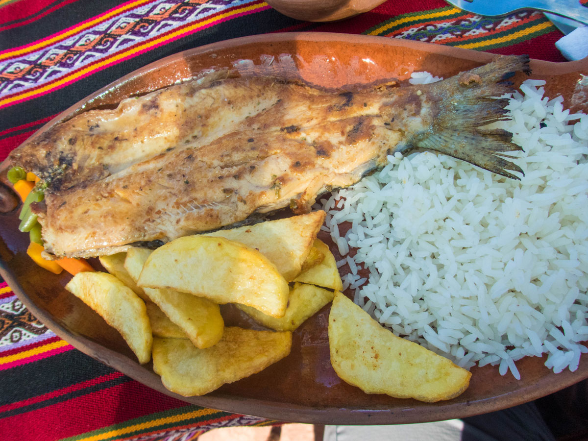 Fish and potatoes from a restaurant on Isla Taquile on Lake Titicaca Peru