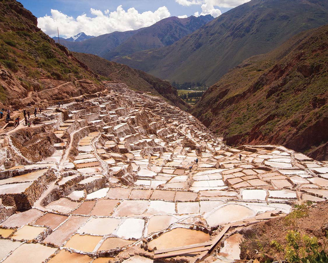 The salt pans of Moras line the Maras Canyon in the Sacred Valley of Peru