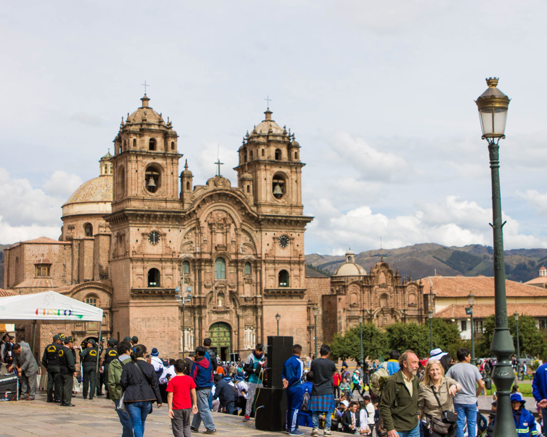 Crowds gather for a celebration in the main square of Cusco Peru as we prepare for a day trip to the Sacred Valley Peru
