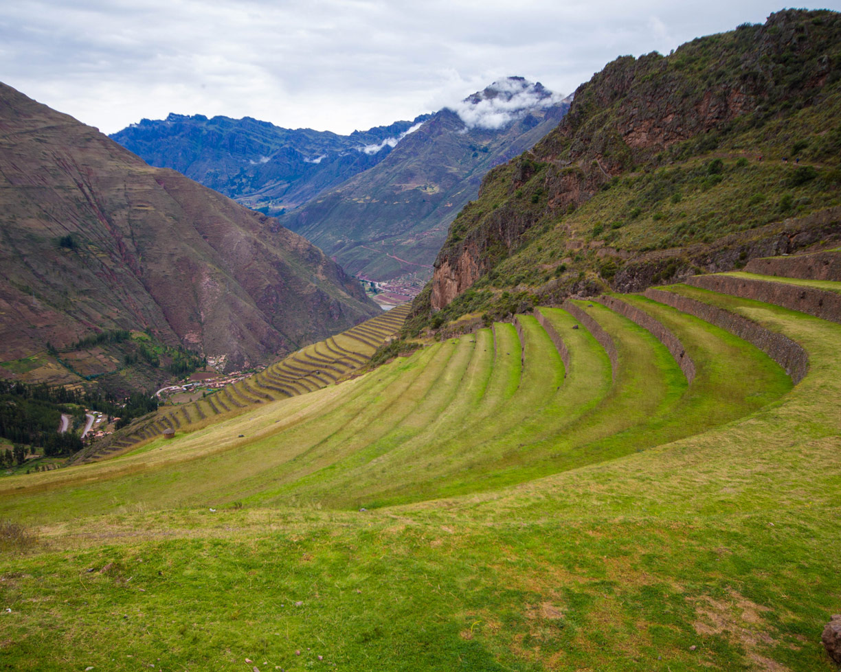 The view from the top of the Pisac ruins during a day trip to the Sacred Valley Peru
