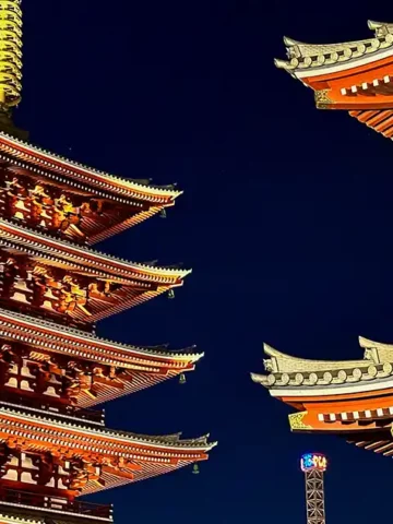 Temples in Japan lit up against the night sky