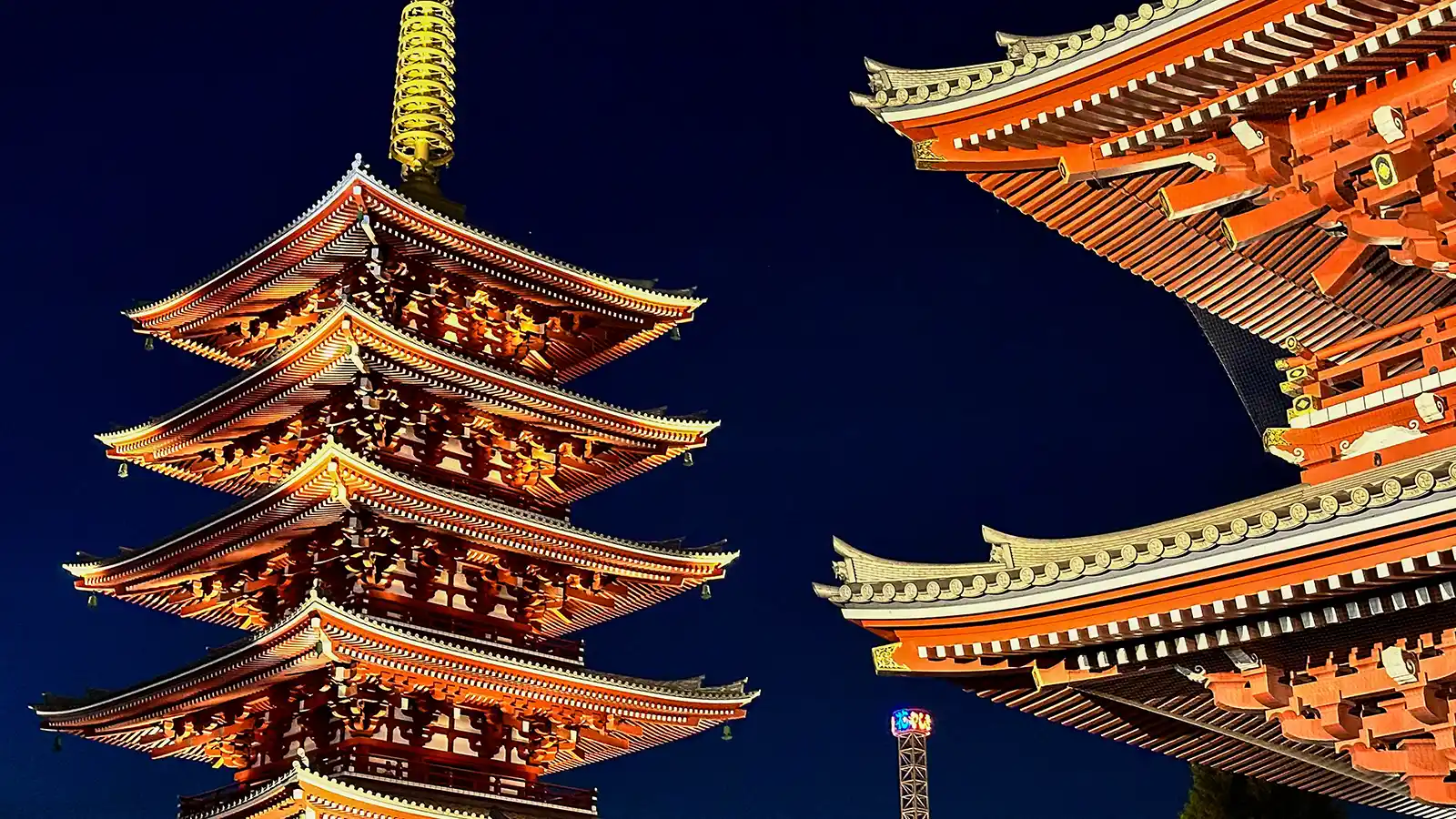 Temples in Japan lit up against the night sky