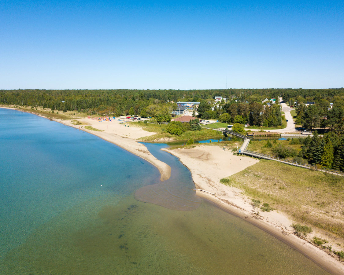 Providence Bay Manitoulin Island from above. Swimming at the beach in Providence Bay is one of the best things to do on Manitoulin Island