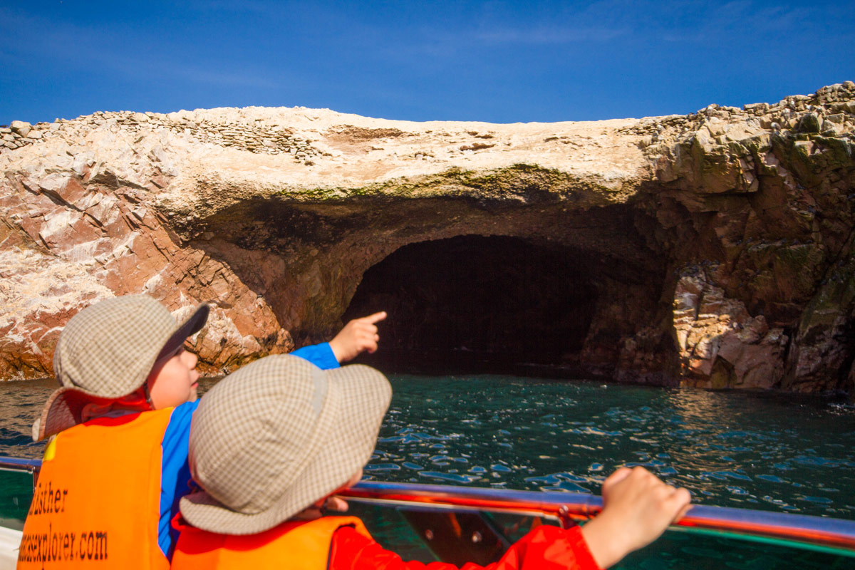 The Wandering Wagars boys point at the wildlife in Islas Ballestas in Paracas Peru