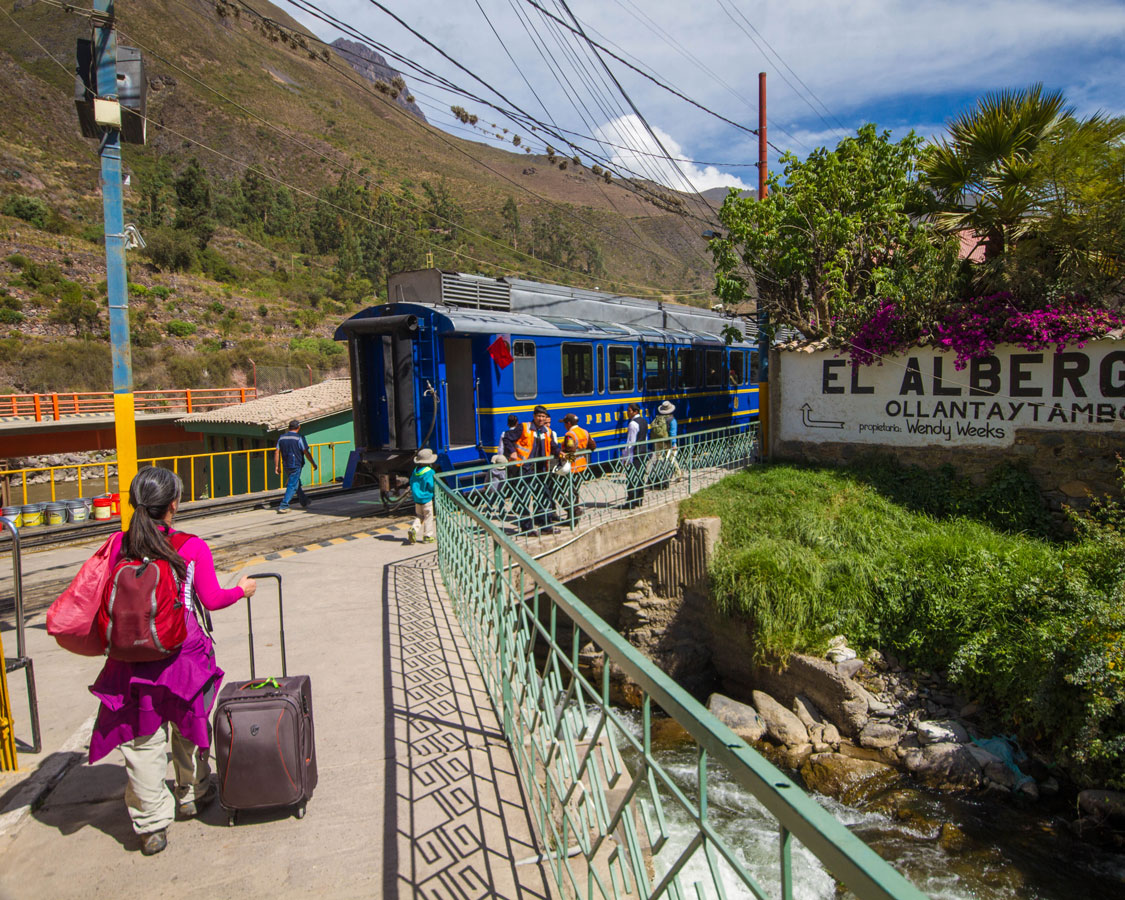 Boarding the Inca Rail train to Machu Picchu Pueblo in Peru with kids on a 14 day Peru itinerary